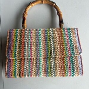 Multicolor Woven Handbag with Bamboo Handle